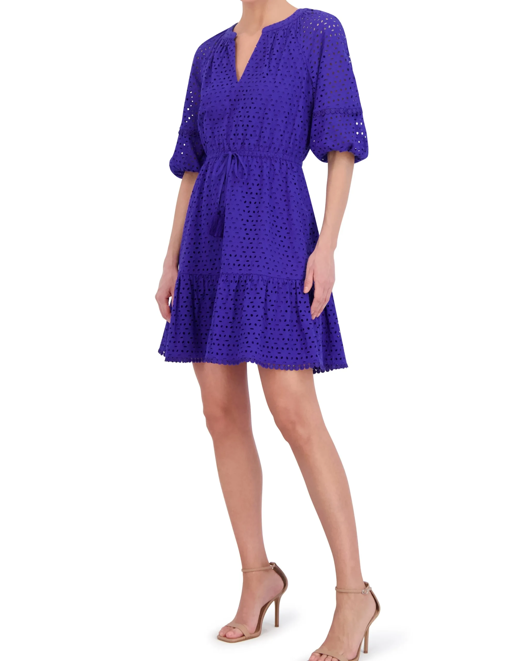 Cotton Eyelet Tasseled Drawstring Dress