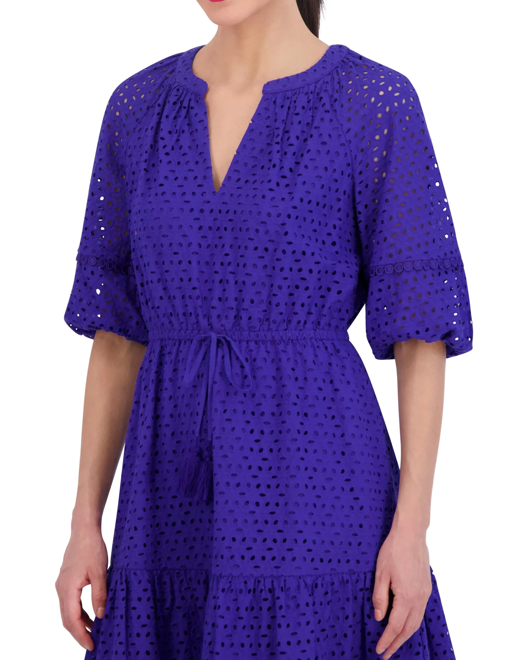 Cotton Eyelet Tasseled Drawstring Dress