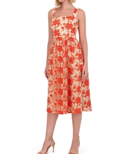 Embroidered-Mesh Square-Neck Midi Dress