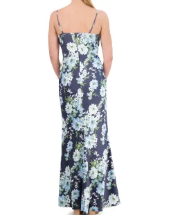 Floral-Print Satin Cowl-Neck Gown