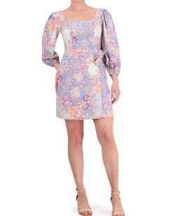 Floral-Print Smocked Geo-Neck Dress