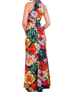 Floral-Print Twist-Top Halter Gown