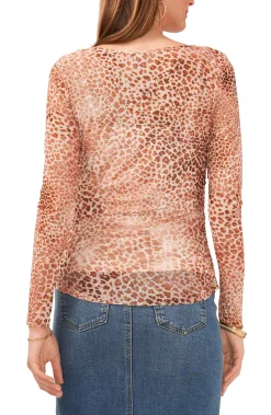 Leopard Print Shirred Long Sleeve Top