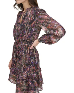 Petite Paisley-Print Tiered-Skirt Dress