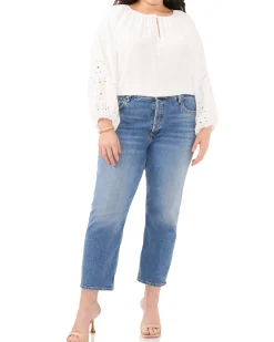 Plus-Size Embroidered-Sleeve Split Neck Blouse