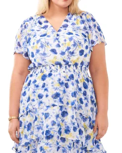 Plus-Size Floral Print Tiered V-Neck Dress
