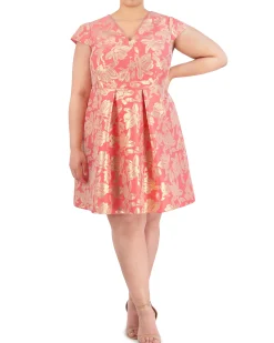 Plus-Size Floral-Jacquard Pleated V-Neck Dress