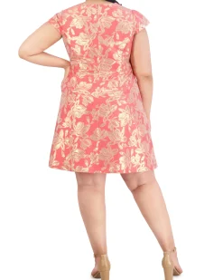 Plus-Size Floral-Jacquard Pleated V-Neck Dress