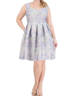 Plus-Size Floral-Jacquard Pleated Fit-And-Flare Dress