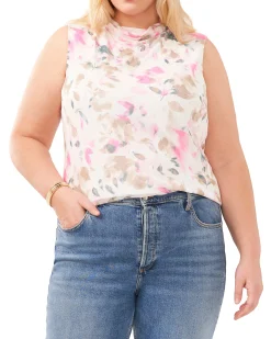 Plus-Size Petal Print Mesh High Neck Tank Top