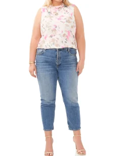 Plus-Size Petal Print Mesh High Neck Tank Top