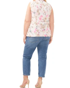 Plus-Size Petal Print Mesh High Neck Tank Top