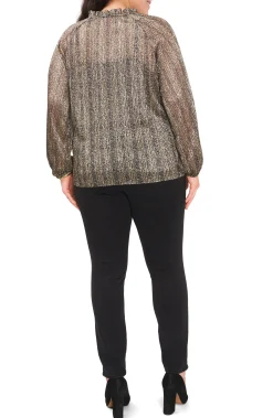 Plus-Size Pleated Long Sleeve Blouse With Tie At Neck