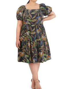 Plus-Size Printed Cotton Square-Neck Midi Dress