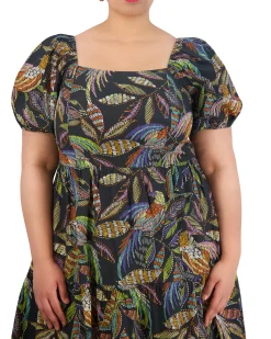 Plus-Size Printed Cotton Square-Neck Midi Dress