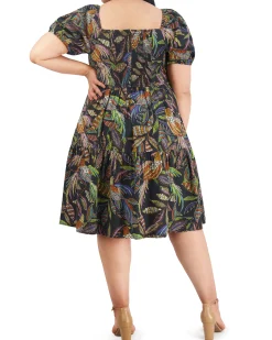 Plus-Size Printed Cotton Square-Neck Midi Dress