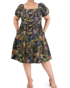 Plus-Size Printed Cotton Square-Neck Midi Dress