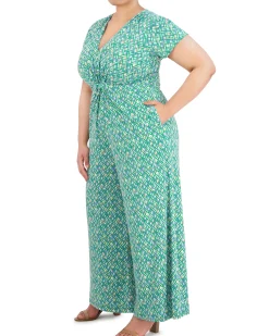 Plus-Size Printed Twist-Front Flared-Leg Jumpsuit