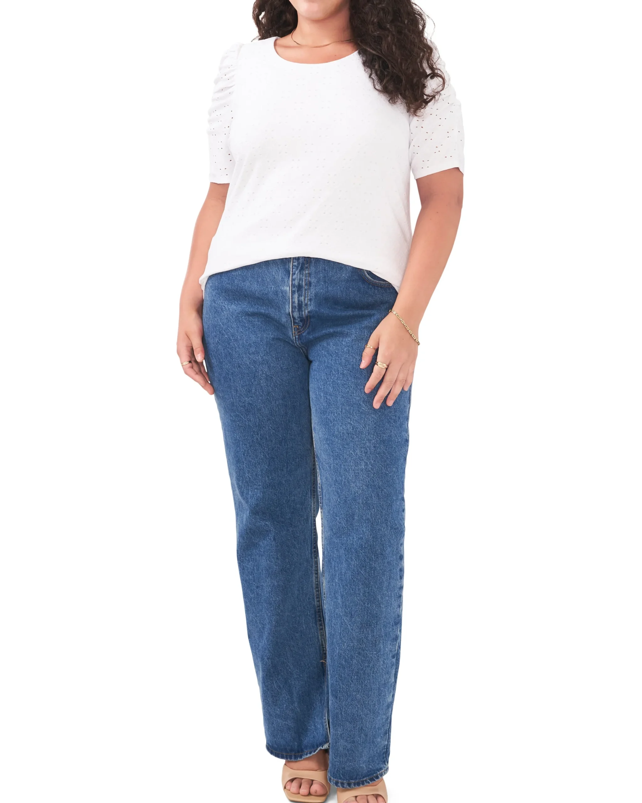 Plus-Size Ruched Sleeve Eyelet Top