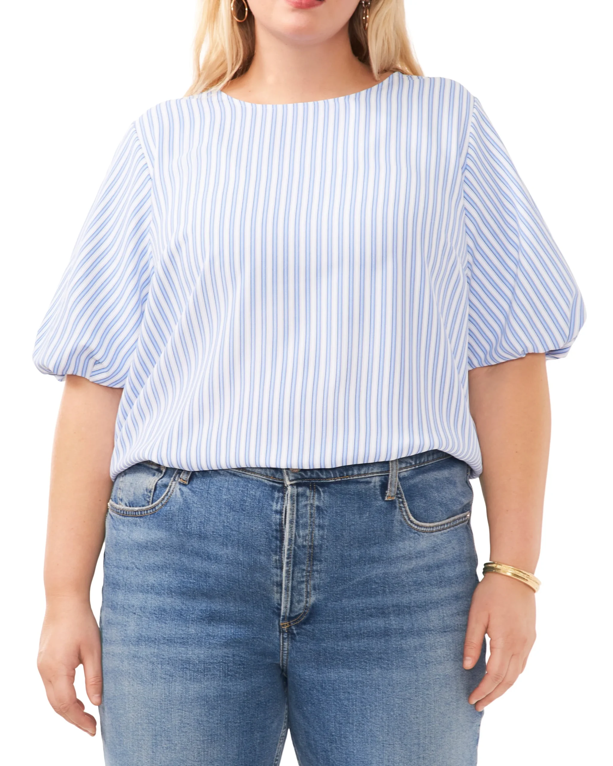 Plus-Size Stripe Print Puff Sleeve Blouse