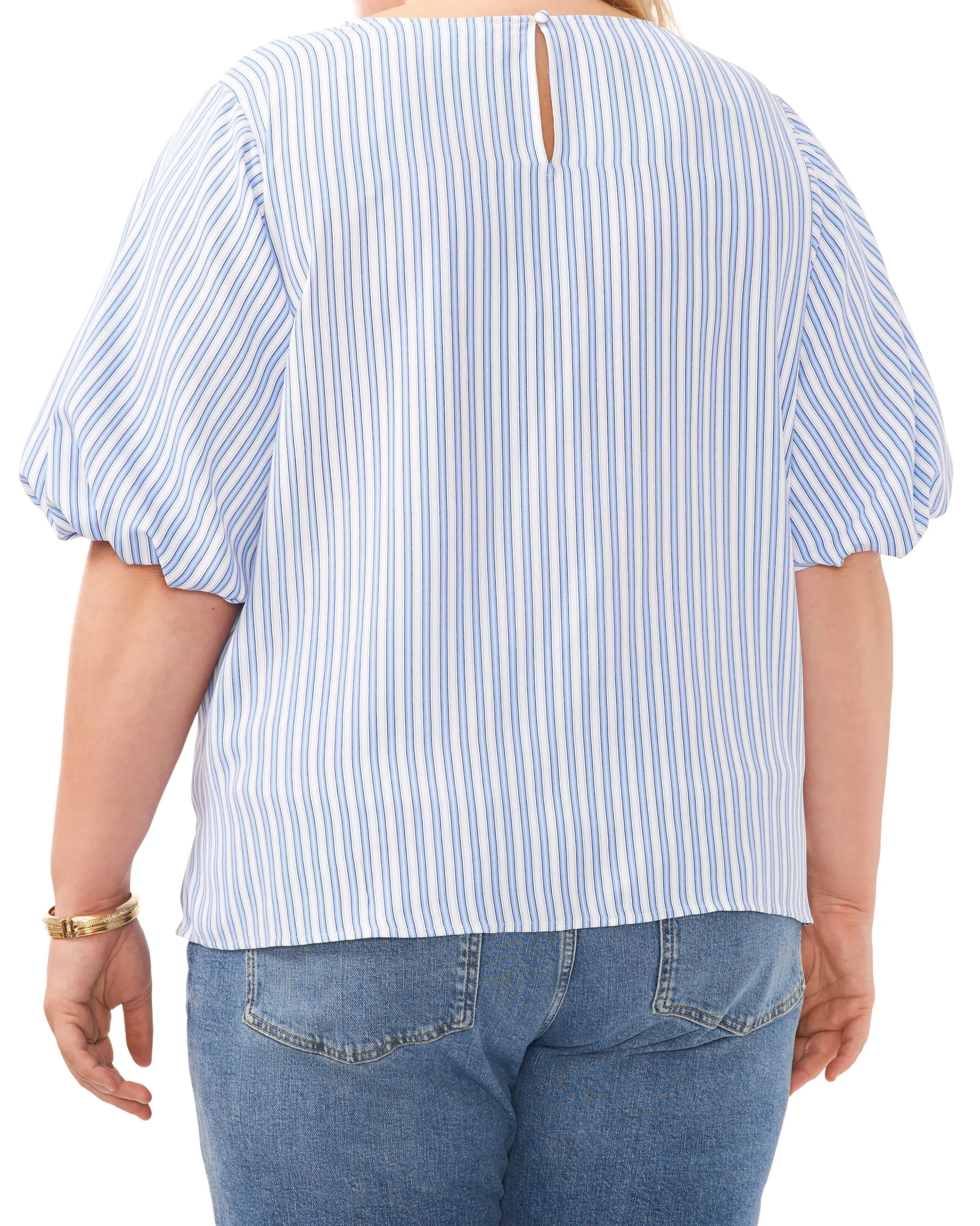 Plus-Size Stripe Print Puff Sleeve Blouse