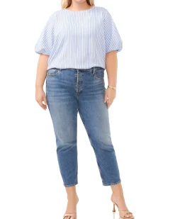 Plus-Size Stripe Print Puff Sleeve Blouse