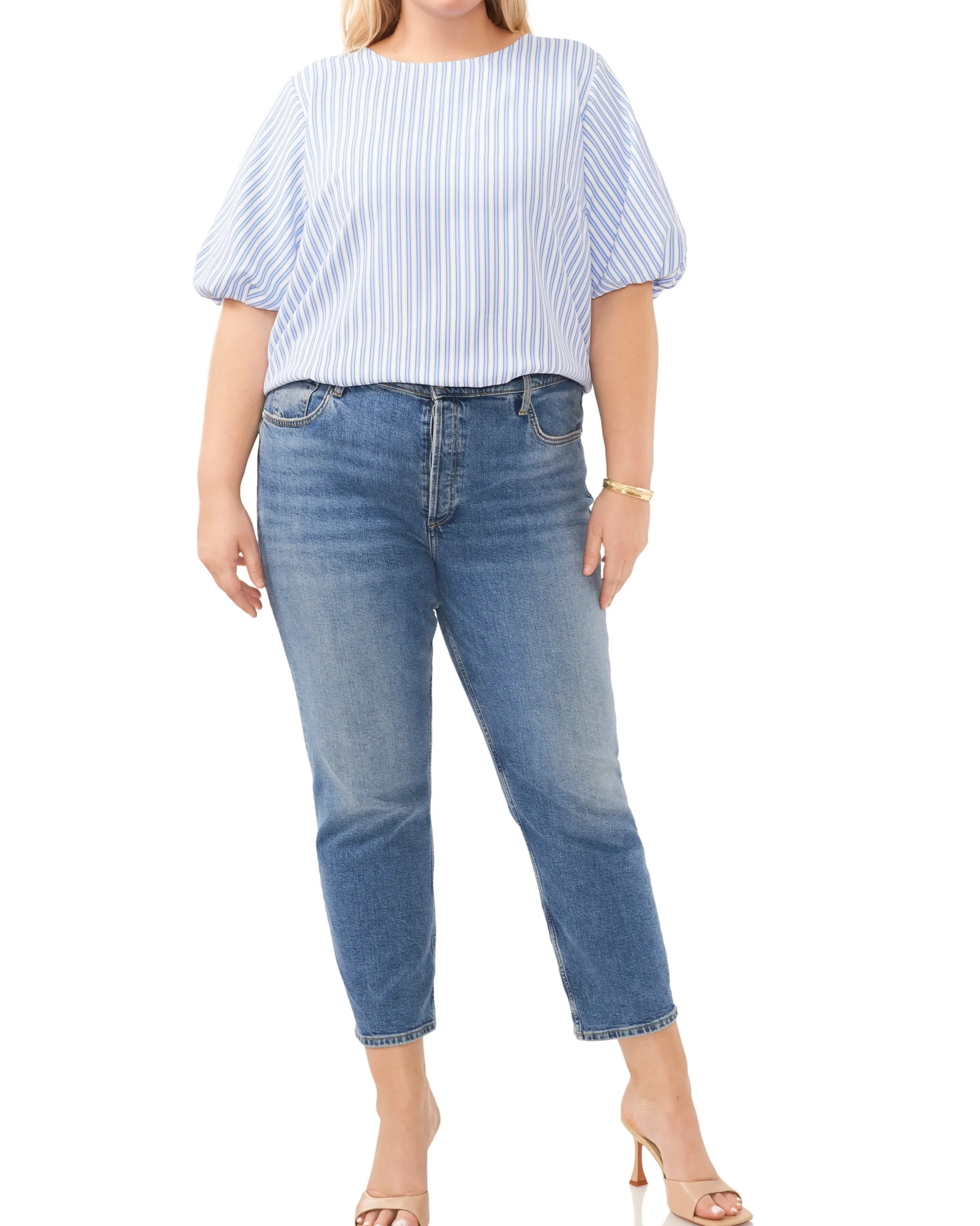 Plus-Size Stripe Print Puff Sleeve Blouse