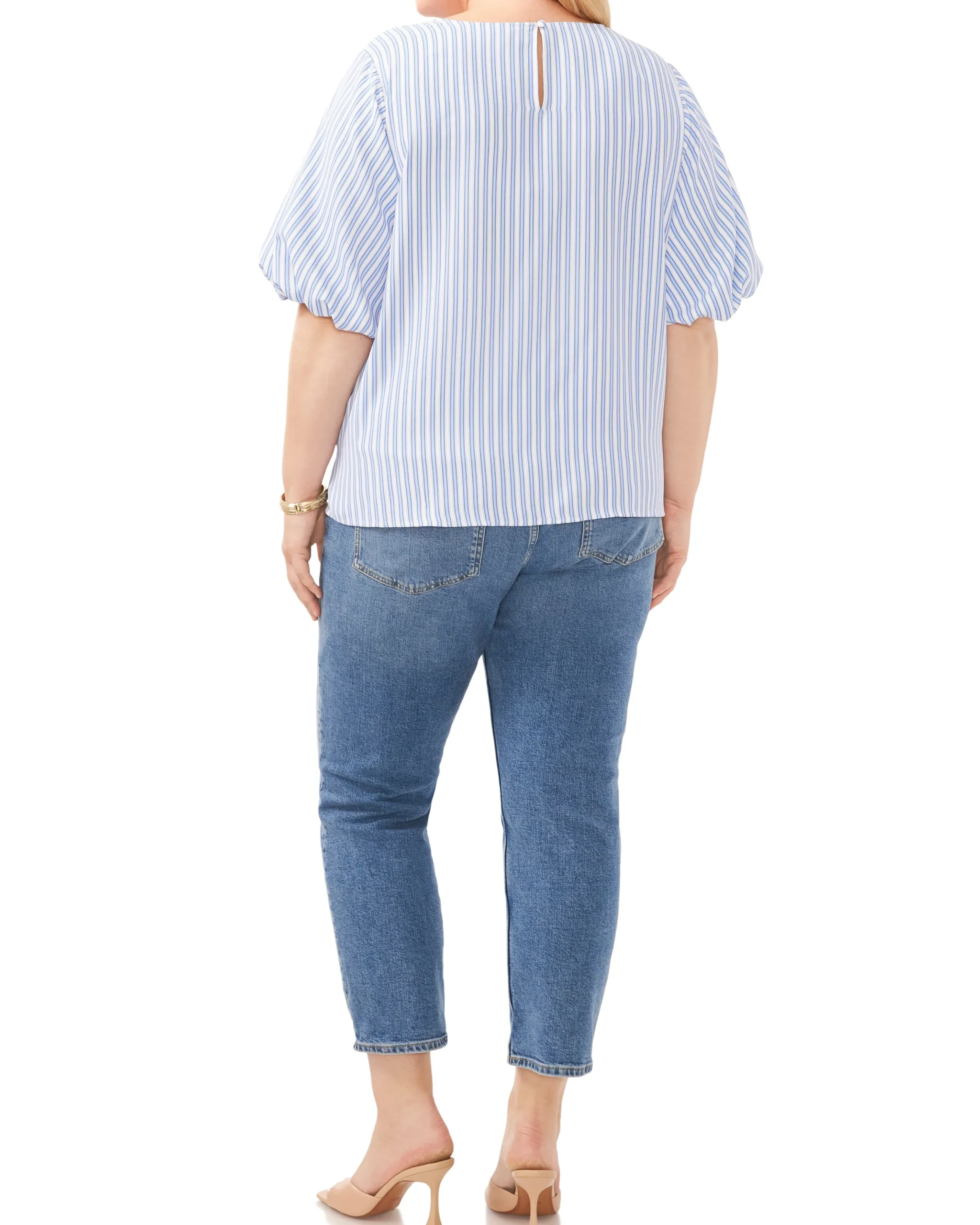 Plus-Size Stripe Print Puff Sleeve Blouse