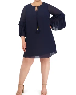 Plus-Size Tasseled Pleated-Sleeve Dress