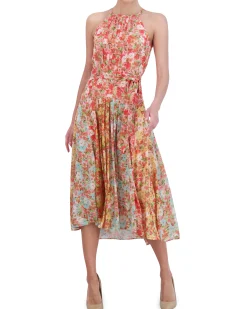 Printed Pleated Chiffon Midi Dress