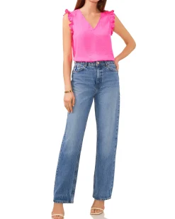 V-Neck Pleated Cap Sleeve Blouse